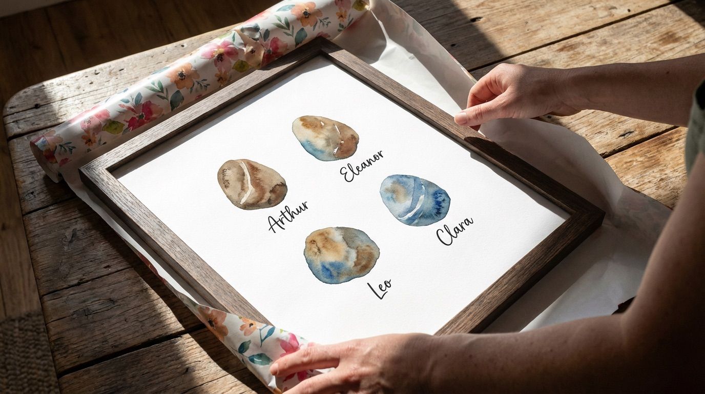 A person unwraps a framed art piece with watercolor footprints labeled "Arthur," "Eleanor," "Leo," and "Clara" on a wooden table.