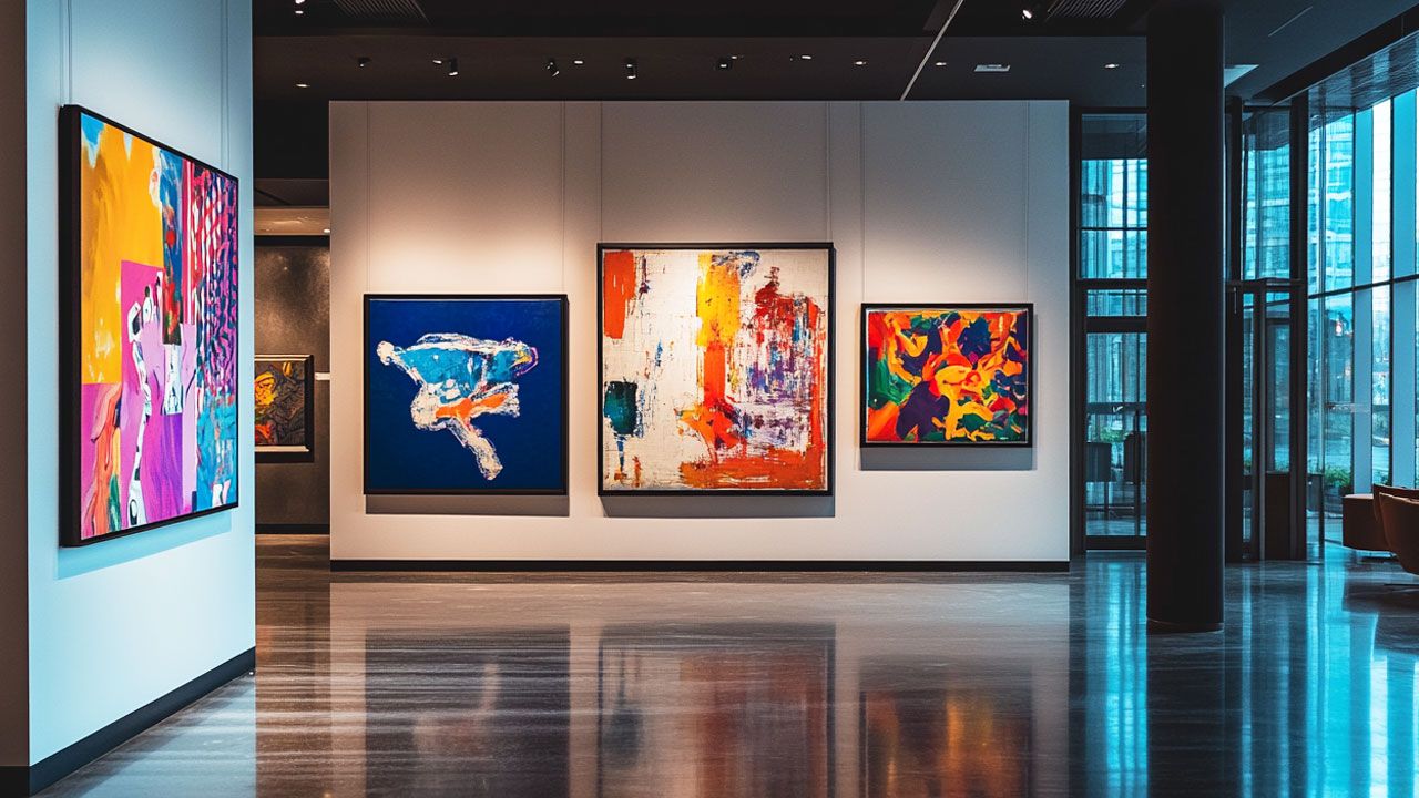 Art gallery with vibrant abstract paintings on white walls, polished floor reflecting light, and large windows in the background.