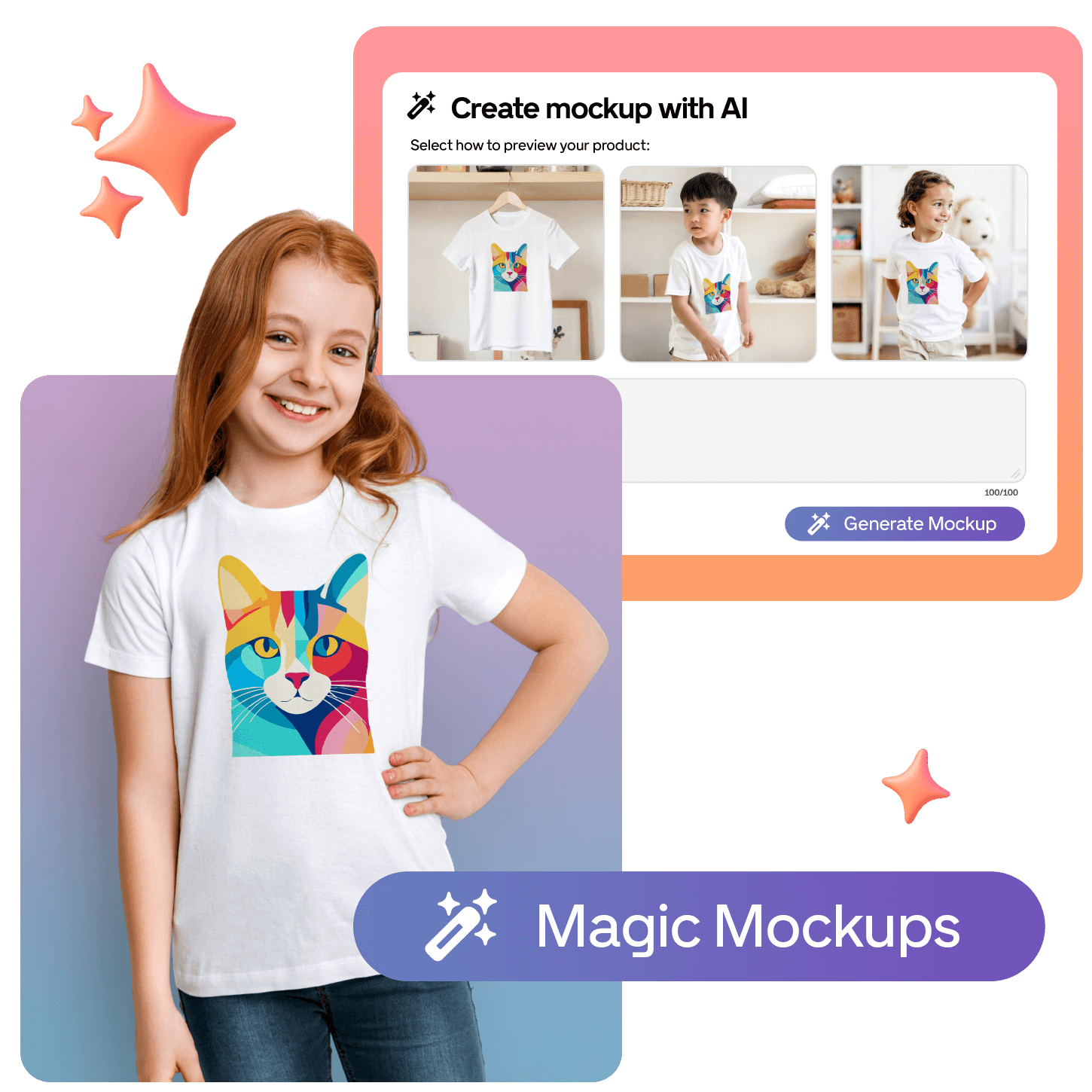Girl in a colorful cat t-shirt smiles, with a digital mockup tool interface displayed above, showing various product previews.